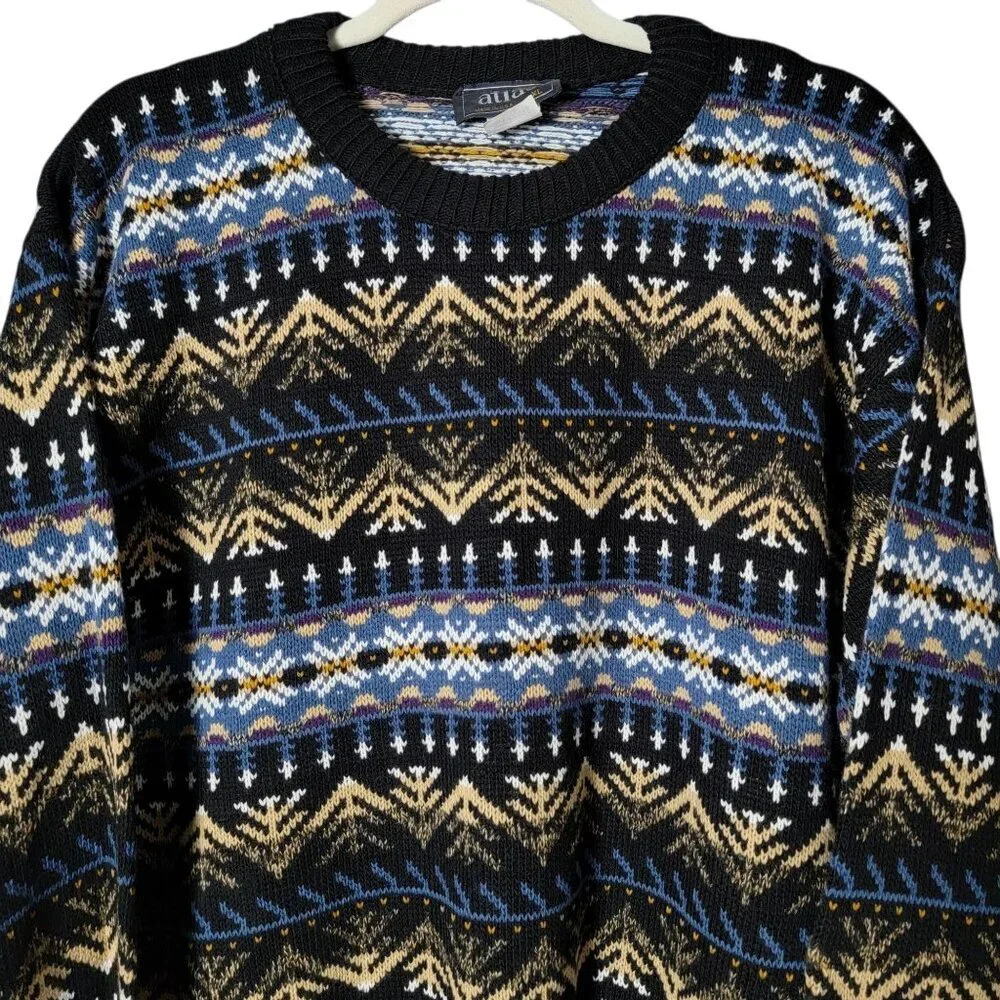VTG Atlas Mens Blue Geometric Nordic Fair Isle Knit Crewneck Pullover Sweater XL